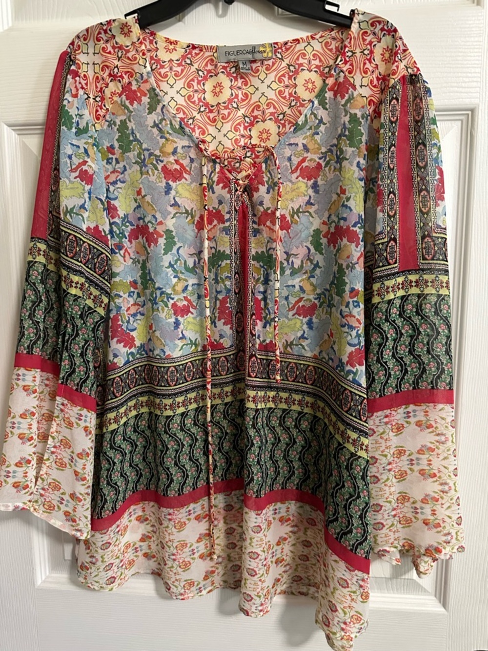 Figueroa And Flower Women's Med Sheer Boho Peasant Floral 3/4 Sleeve Blouse